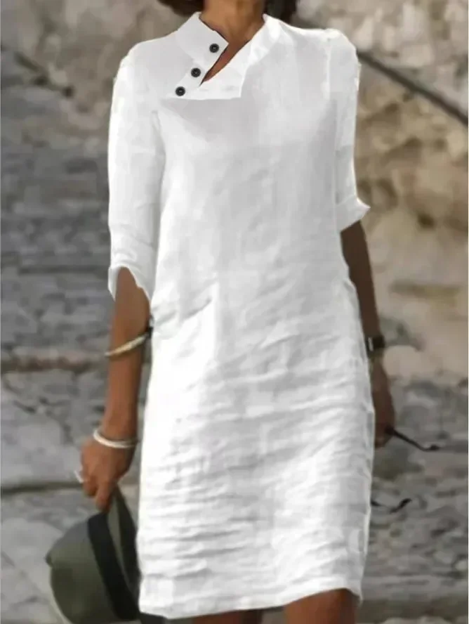 Spring Cotton Linen Women's Dress White Stand Collar Half Sleeve Buttons Dresses Female Casual Loose Ladies Clothes: XXXL / Gold