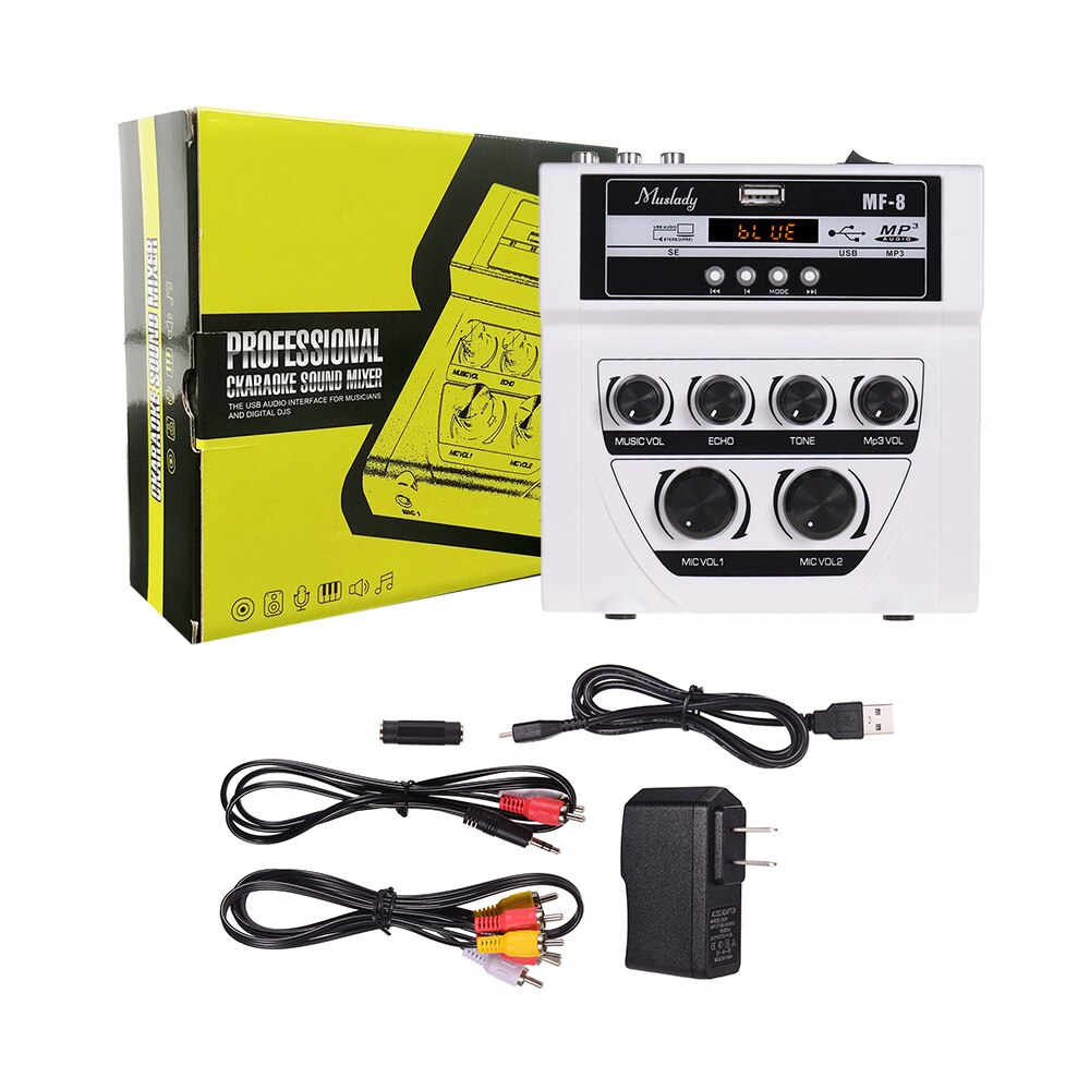 Muslady MF-8 Mini Karaoke Sound Mixer Stereo Echo Mixers Dual Microphone Inputs Support BT Recording MP3 for PC Amplifier: White-US