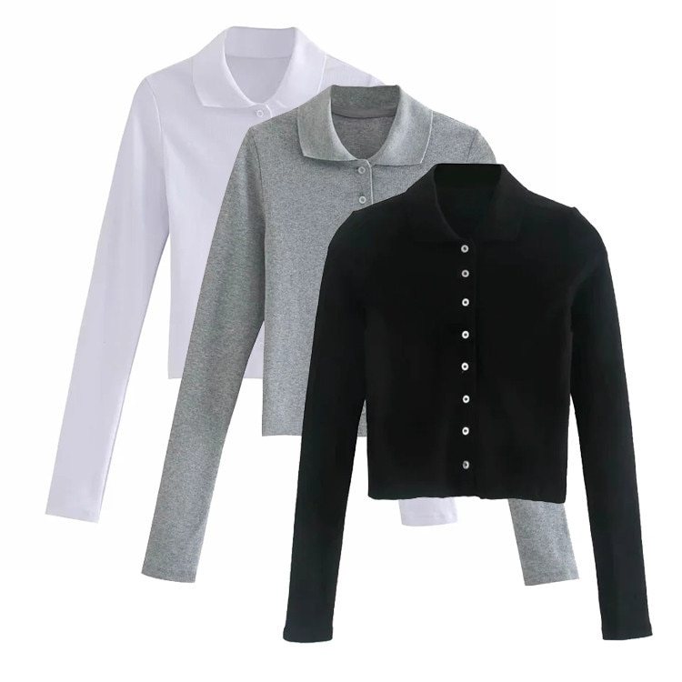 Polo liso de manga larga para mujer, camiseta ajustada acanalada de algodón, con botones, para chica, gris, negro y blanco