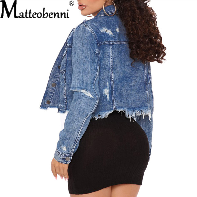 Blau Abgeschnitten Denim Jacken Frauen Lange Hülse Mit Geschmack Taschen Jahrgang Mantel Herbst Winter Streetwear gerissen Jean Outwear