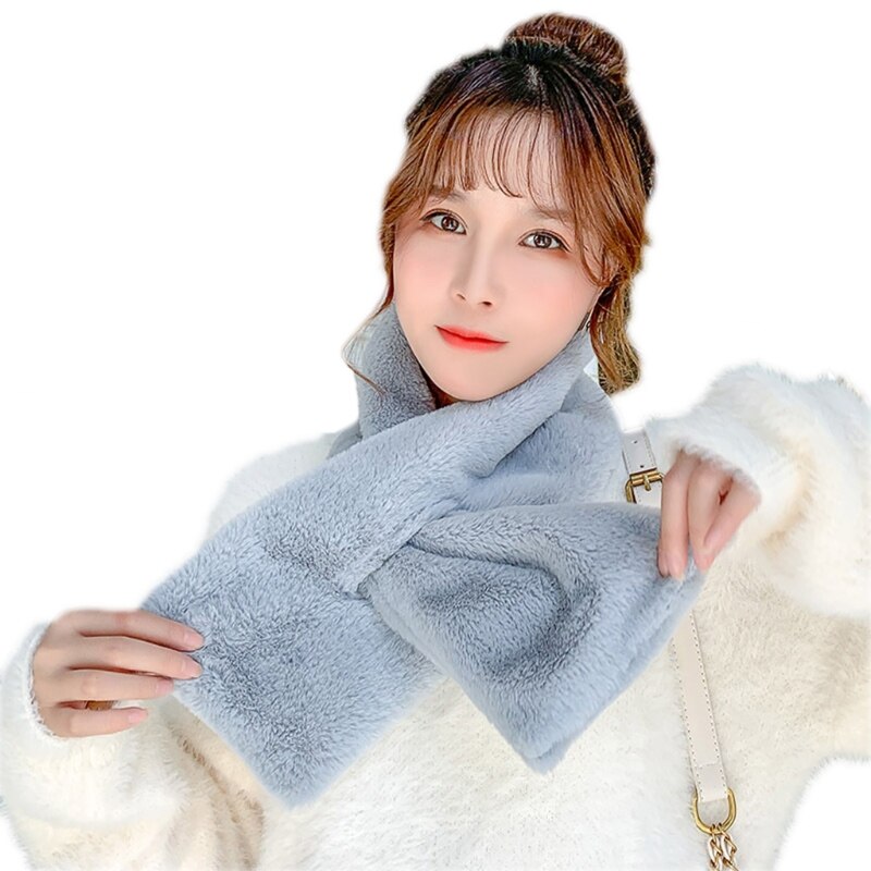 Women Thick Fuzzy Plush Loophole Cross Collar Scarf Solid Color Neck Wrap Shrug
