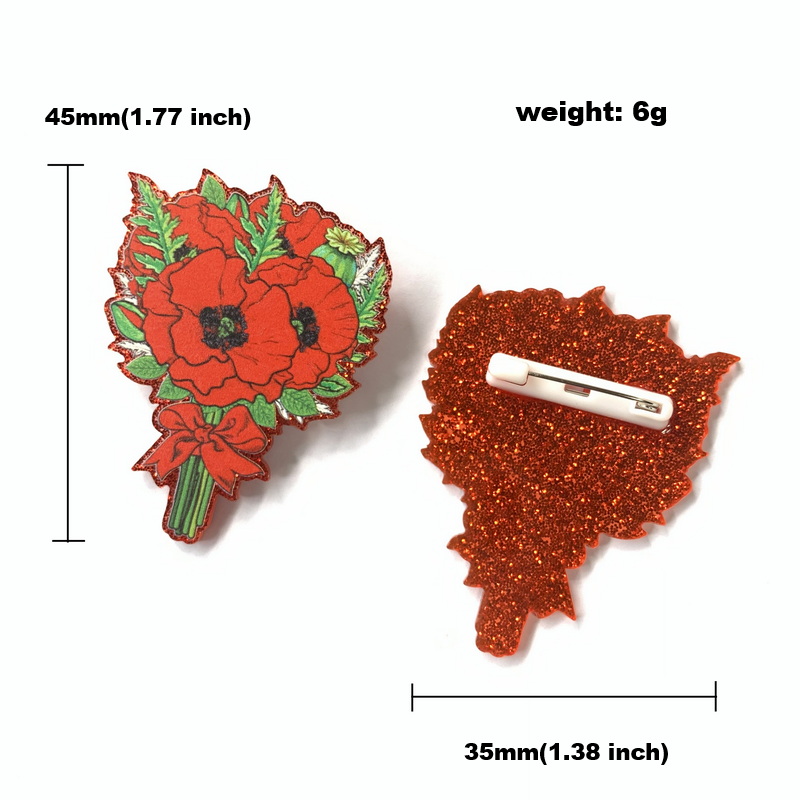 Rød valmue blomst sort kors hjerte form cirkel med blomster akryl ørestikker romantiske valmuer buket broche smykker: Buket broche
