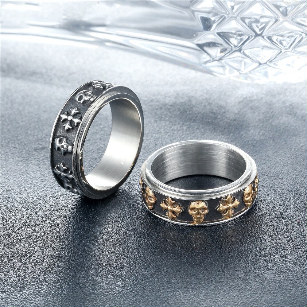 Anello da uomo in acciaio inossidabile 316L con teschio incrociato anello girevole stile Punk retrò gioielli moda Biker