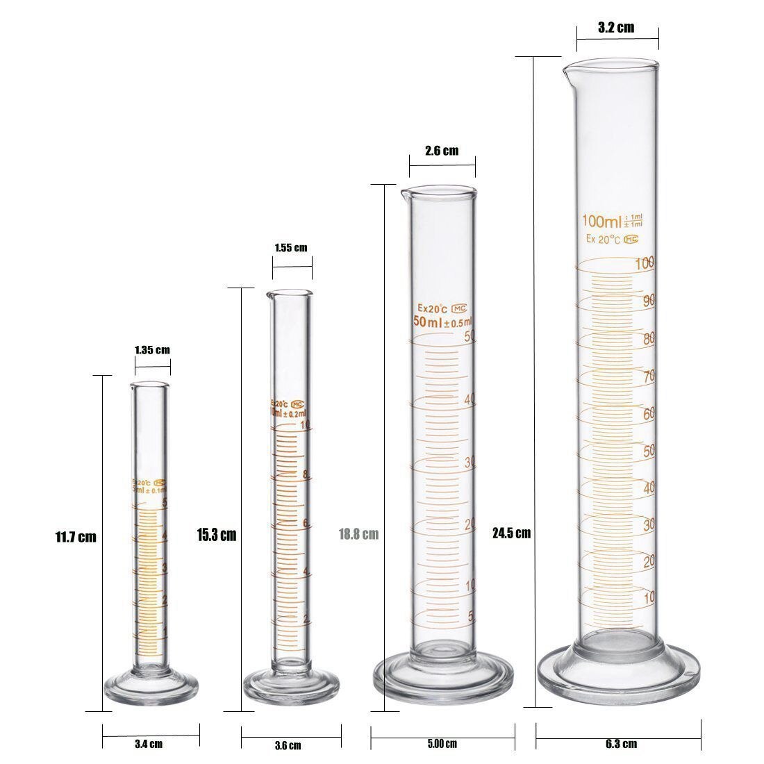 BLEL Thick Glass Graduated Measuring Cylinder Set 5ml 10ml 50ml 100ml Glass with Two Brushes