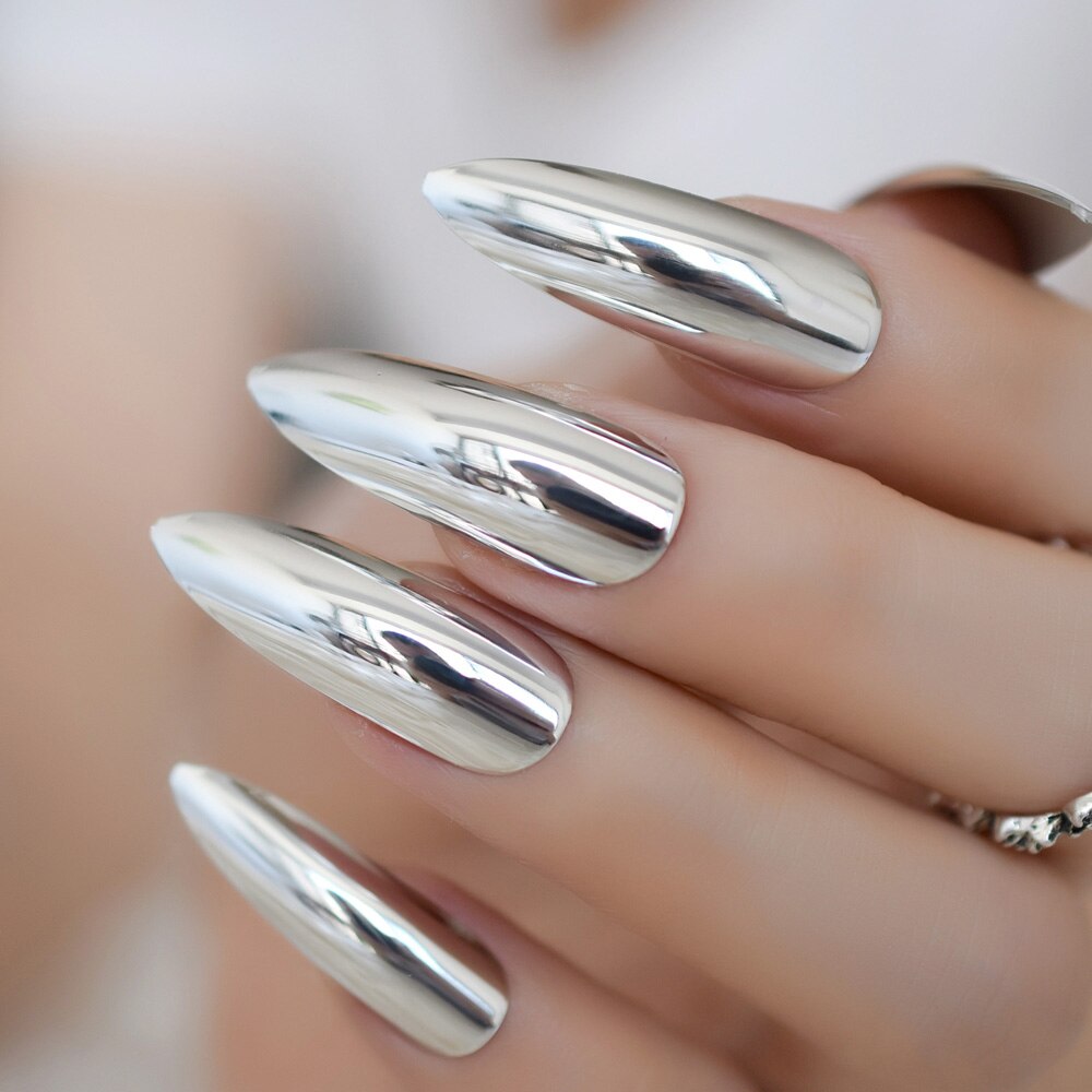 extra Lange Stilett Spiegel Falsche NäGel Silber SchöNe bilden Presse Auf NäGel Farbige Künstliche Nagel Tipps 24 Ct