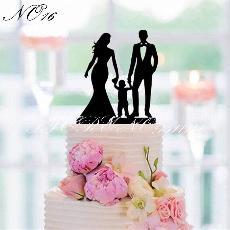 Mixed Style Black Acrylic Wedding Cake Topper For Decor Mariage Mr Mrs Bride Groom Family Cake Toppers Baby Shower Decoration