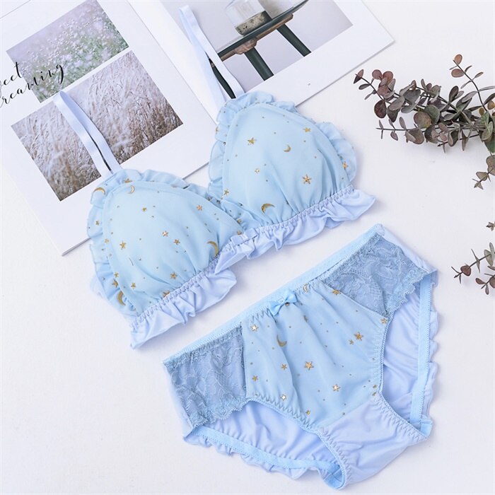 Japanese Womens Sweet Star Print No rims Bra & Briefs Sets Lolita Bowknot Ruffle Underwear Sets Breathable Teen Girls Bra Sets: Blue / L