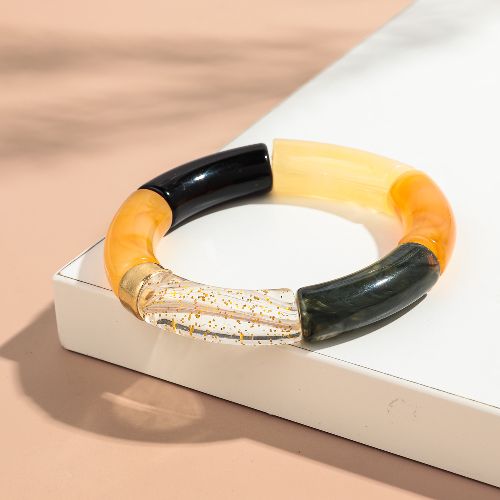 Nueva pulsera apilable de acrílico de tubo de bambú grande para mujeres y hombres, brazalete elástico con cuentas gruesas de resina colorida Vintage, joyería para parejas: Color oro puro
