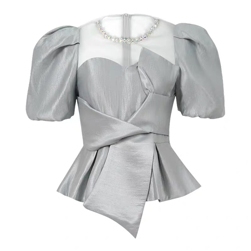 Blusa Sheer Mesh Splice para Mulheres, Manga Bubble, Camisa Bow, Elegante Tops de Cetim, Doce OL, Chique, Feminino, Festa, Roupas de Escritório: XXL / CINZA