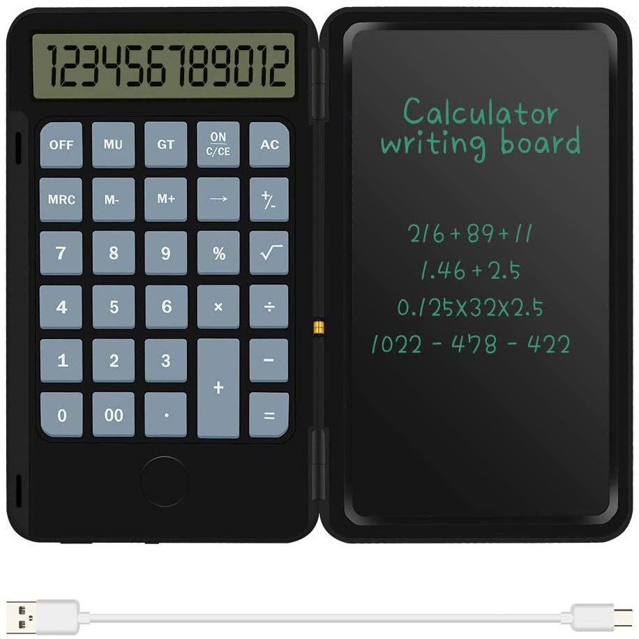 Zienstar Hand-Held Rechargeable Inkless Calculator With 6.5 Inch LCD Writing Tablet Lock Button and E-Pen,12 Digit Display: Black