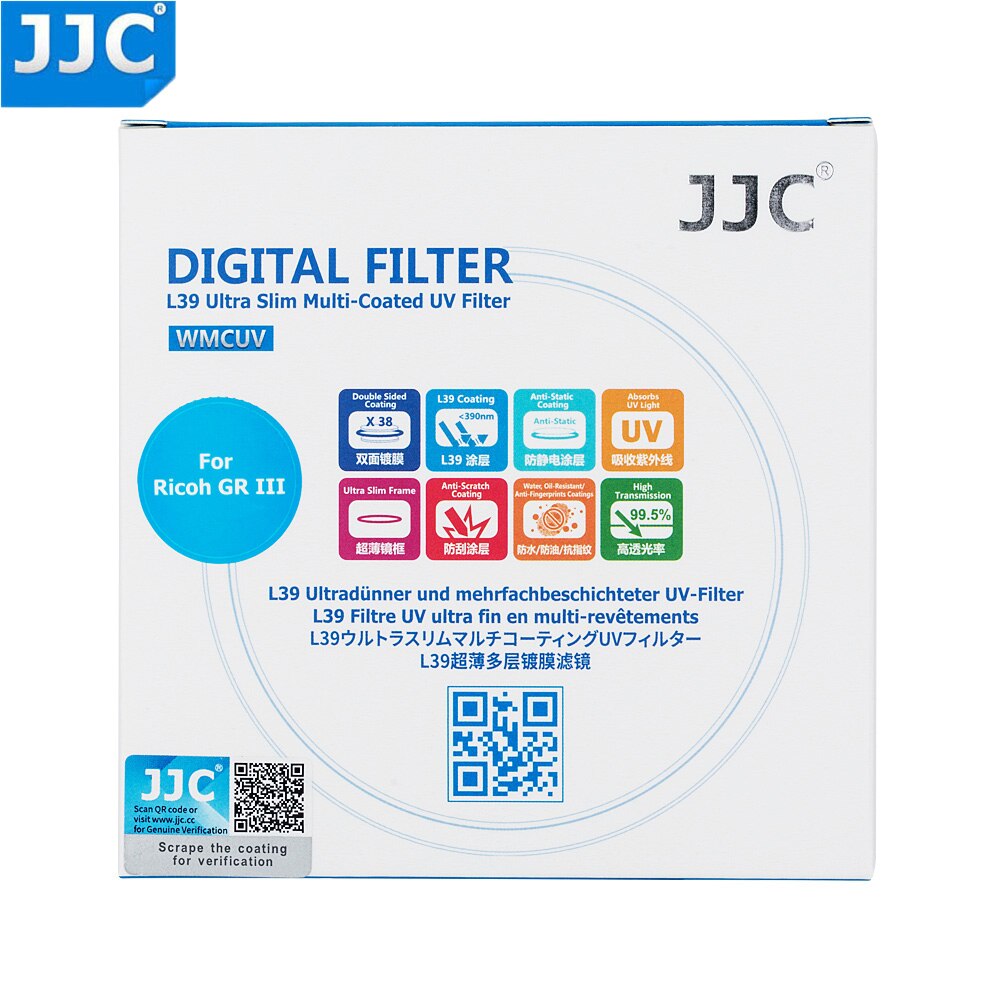 JJC-filtro UV de vidrio óptico multicapa ultradelgado F-WMCUVG3 L39, con adhesivo 3M, para cámaras Ricoh GR IIIx GR III/GR II