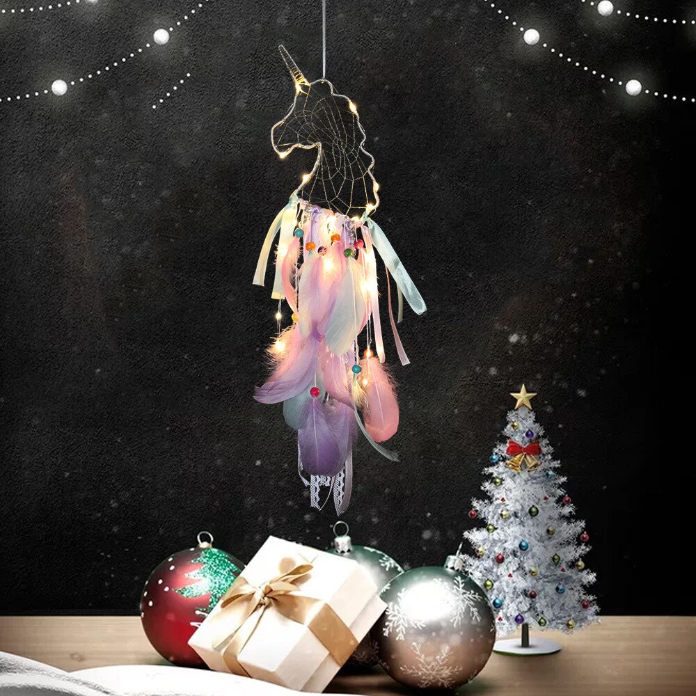 Eenhoorn Dream Catcher Kerst Kerstcadeau Voor Kinderen Kinderen Slaapkamer Haning Decor Met Een Gratis 1M Sting Verlichting Slaapkamer ornamenten: A