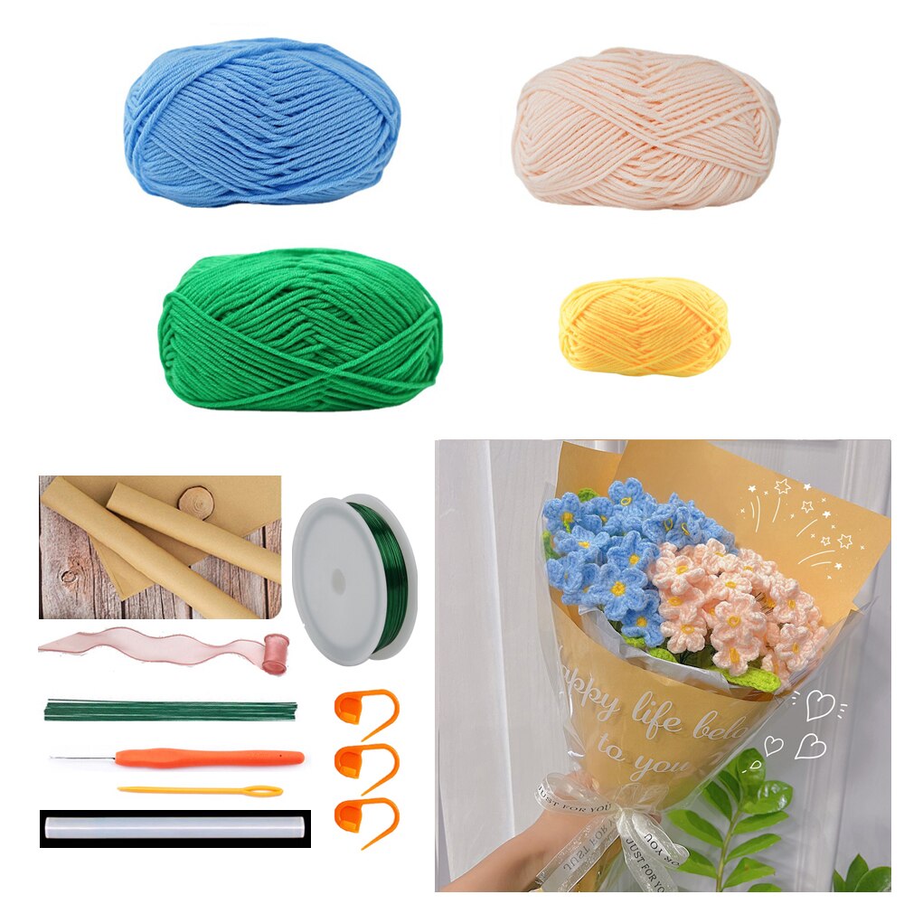 TPRPYN Myosotis – Kit de Crochet pour Bouquet de fleurs, avec fil, bricolage, oublier, pas de fleurs, kits de Crochet, tricot, vidéo de débutant faite à la main: NL50 11 51 BL1