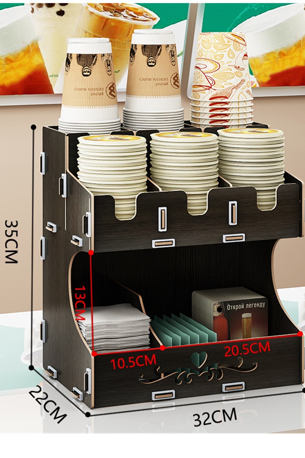 Houten Wegwerp Bekerhouder Multi Compartimenten Koffie Drinken Papieren Bekers, Deksels En Rietjes Diy Organisator Opbergdoos