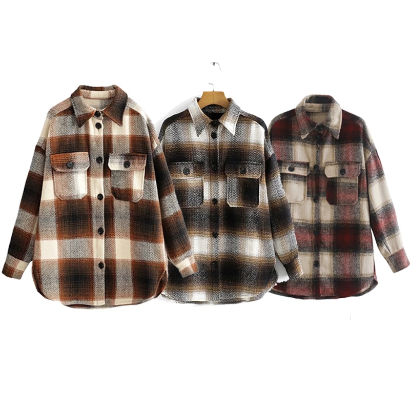 Vintage women long sleeve woolen coats ladies thick plaid coat female streetwear girls oversize jacket chic