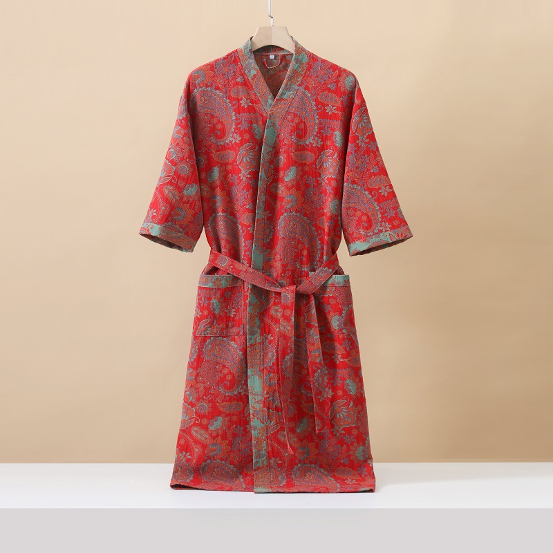 Modisch bedruckter Kimono-Bademantel aus Baumwolle mit halben Ärmeln für den Frühling und den Sommer: XL / Beige