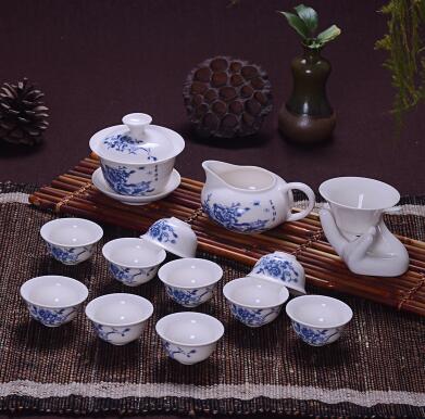 14 Pcs Travel Tea Sets Chinese Portable Ceramic Bone China teaset Gaiwan Teacup Porcelain Tea Cup The Kung Fu Teapot Set: Blue