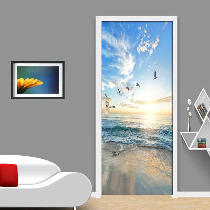 Self Adhesive Door Sticker Sunny Beach seascape Poster Wall Decal Door Mural Bedroom Door Waterproof PVC Sticker DIY Home Decor