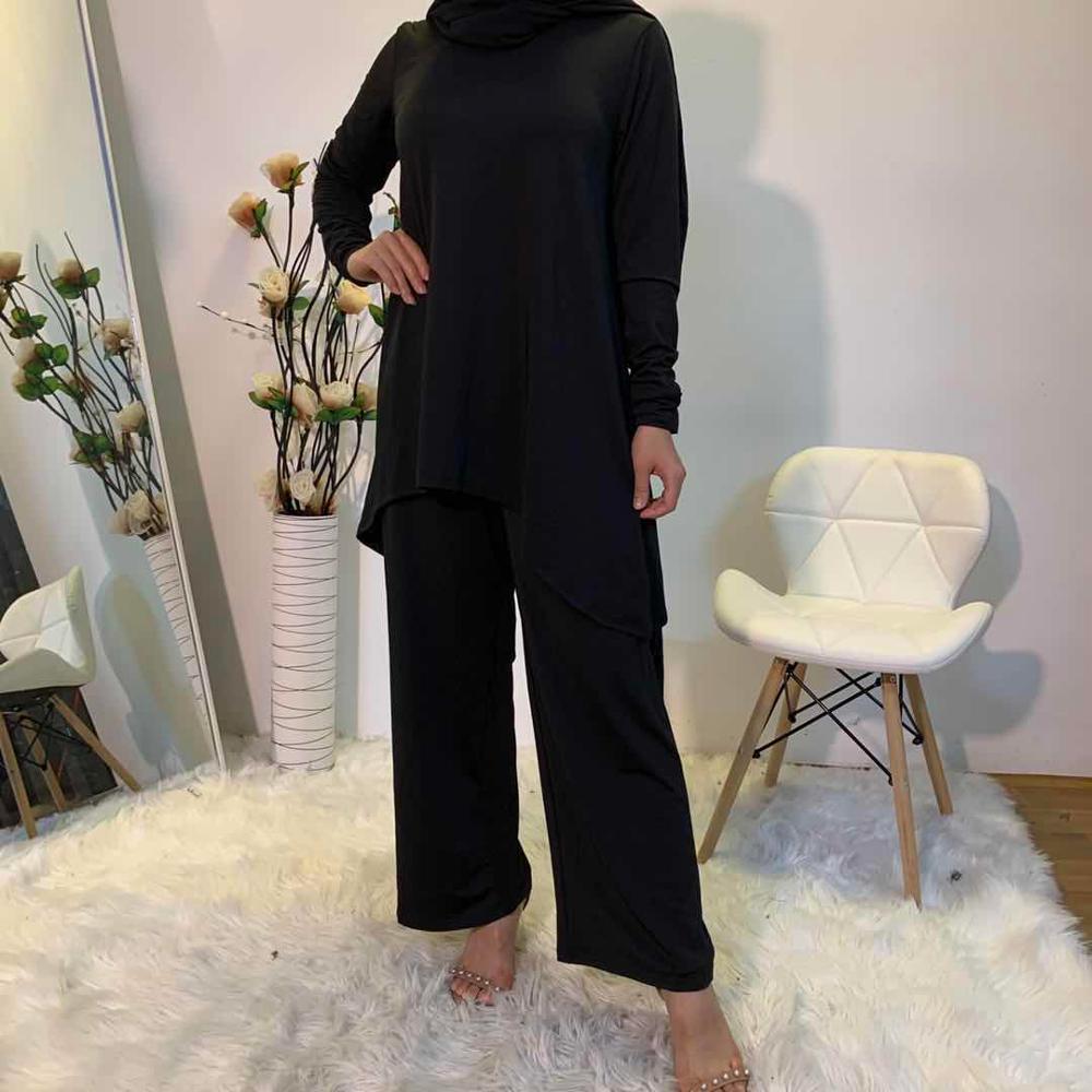 smooth fabric Muslim suits female Solid Color Two-pieces Tops + elastic waist Pants Singapore Turkey Clothing F1883: black suits / XL
