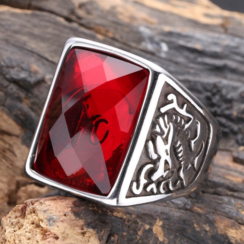 Punk Style Domineering Stainless Steel Men's Ring Red Zircon Vintage Ring Male Banquet Party Band Jewelry JZ0002