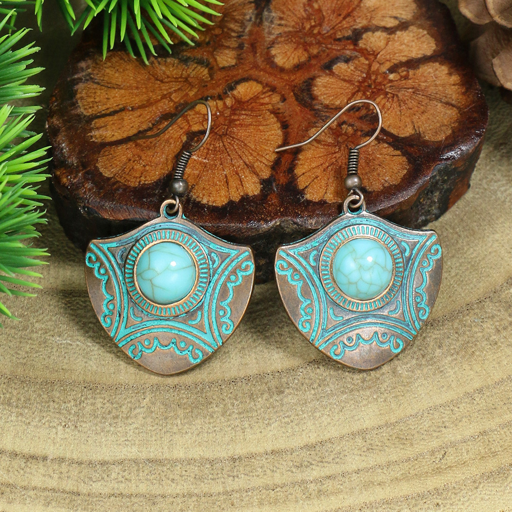 Pendientes bohemios étnicos Vintage de Color bronce para mujer, aretes colgantes geométricos de flor tallada en piedra azul clásica, joyería Jhumka: Color marrón amarillo