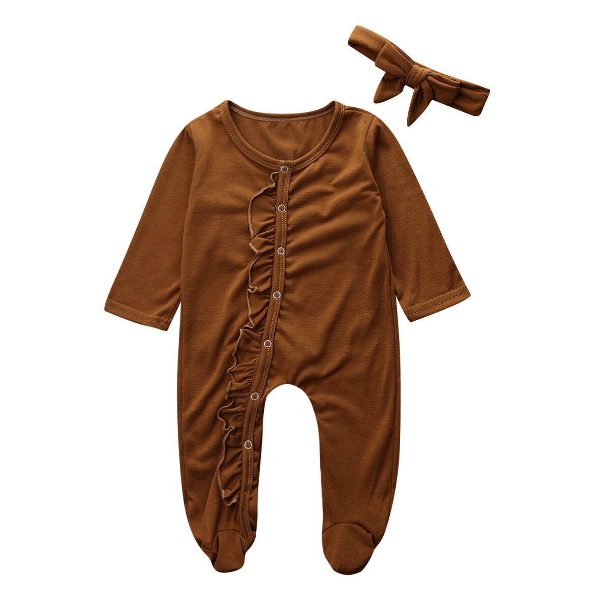 Baby Spring Autumn Clothing Newborn Baby Girl Boy Button Footies Long Sleeve Ruffled Jumpsuit Playsuit Clothes Solid Outfit