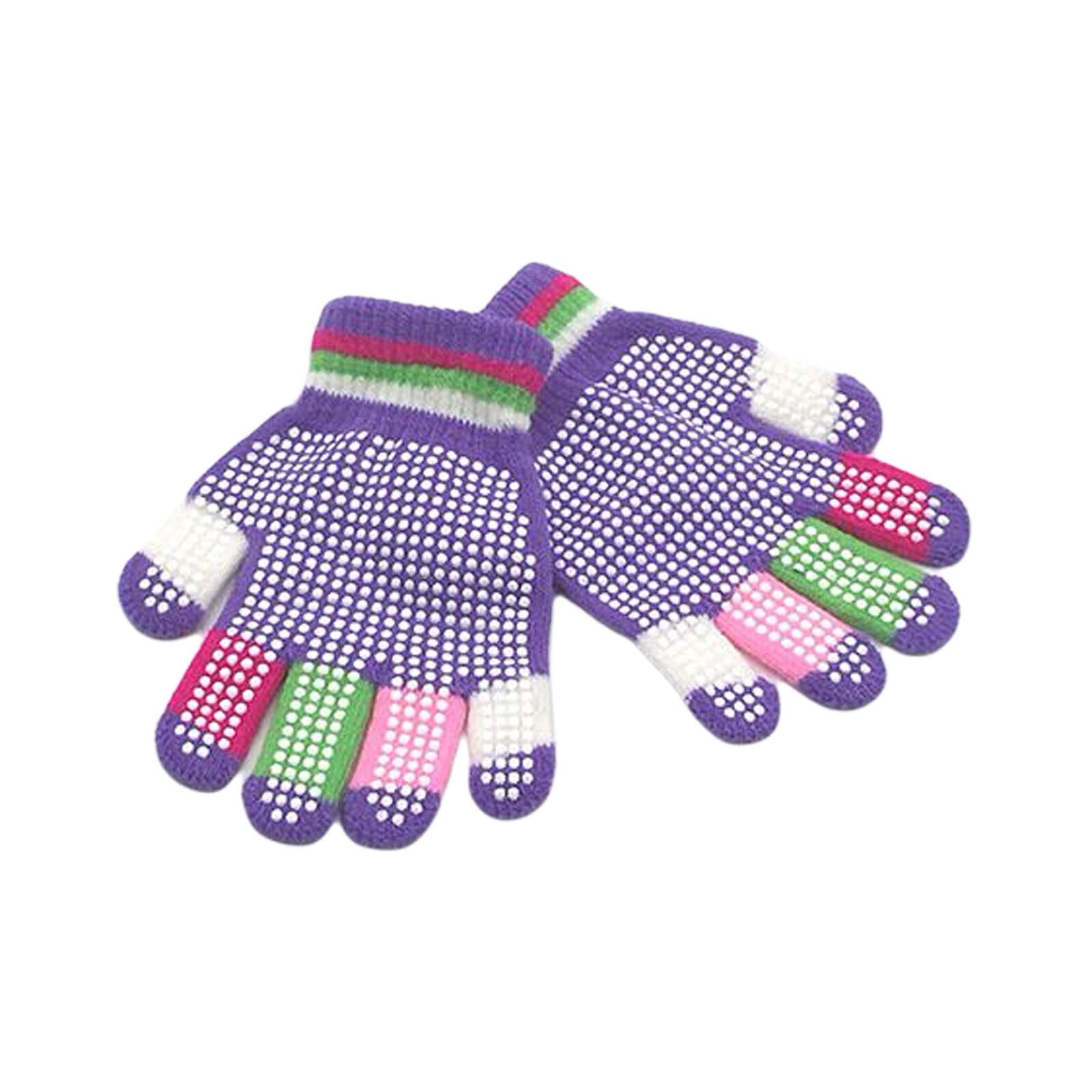 Enfants gants d'hiver multicolore tricoté tissé gants avec adhésif anti-dérapant distribuer pour les petits garçons filles 5-8 ans: VIOLET