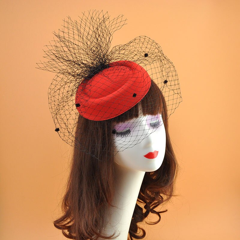 Sombrero de velo negro para mujer, tocado de lana vintage, sombrero de boda, , pastillero, tocados elegantes: red