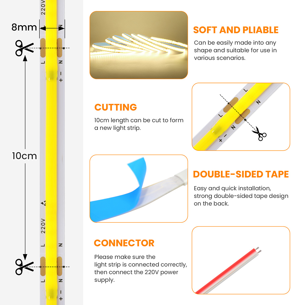 Led-stripe cob 220v høy lysstyrke 5m 10m 20m 50m fleksibel lysbånd med ic-likeretter 230v 240v ac 240 led/m lineær belysning