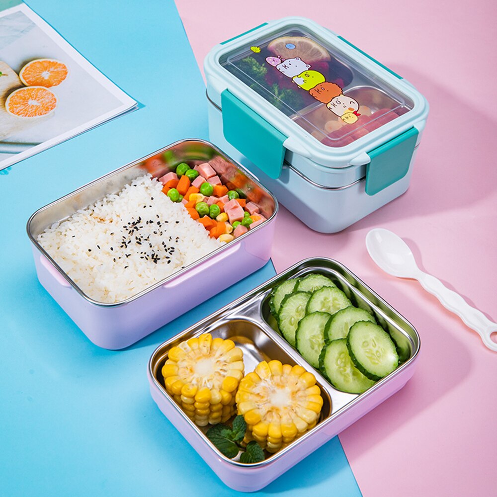 Draagbare Roestvrij Staal Lunchbox Dubbele Laag Cartoon Voedsel Container Doos Magnetron Bento Box Voor Kinderen Kinderen Picknick School