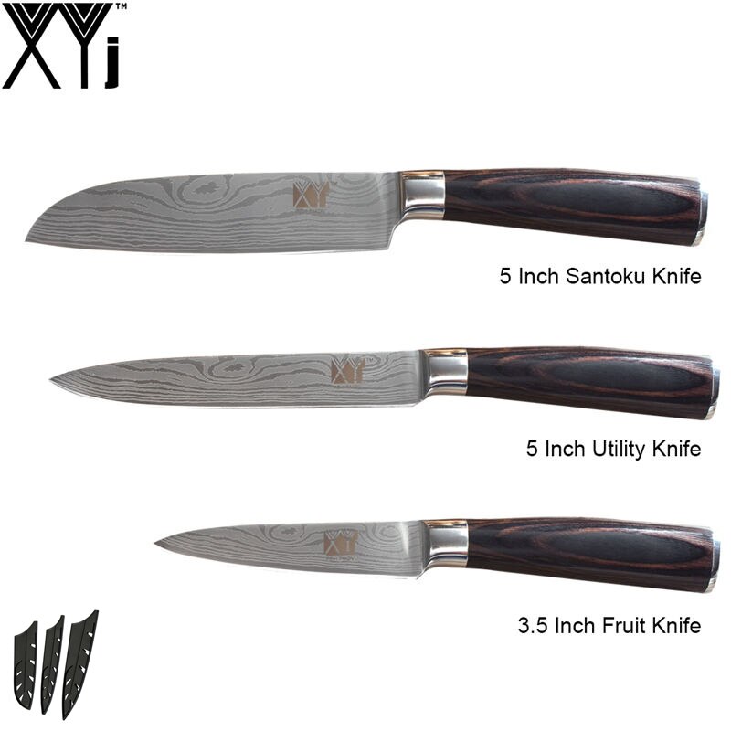 Xyj 6 stk rustfritt stål kjøkkenkniv høy karbon skarpt blad bøy håndtak kokk skjæringe santoku nytte skjærekniver: E.