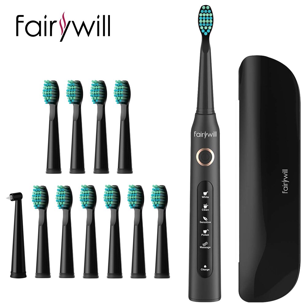 Fairywill FW-507 Electric Sonic Toothbrush Waterproof USB Charge Rechargeable Adult Electronic Tooth 8 Brushes Replacement Heads: ET507-420-8BH.FW02