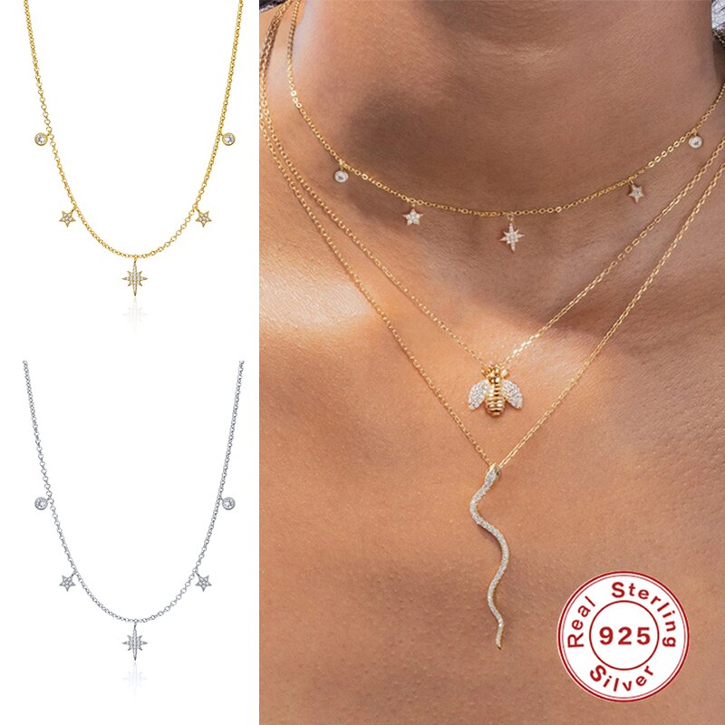 Inmaker Ins Wind Zirkoon Achthoekige Ster Hanger Ketting 925 Sterling Zilveren Multilayer Sleutelbeen Keten Kettingen Collares Mujer