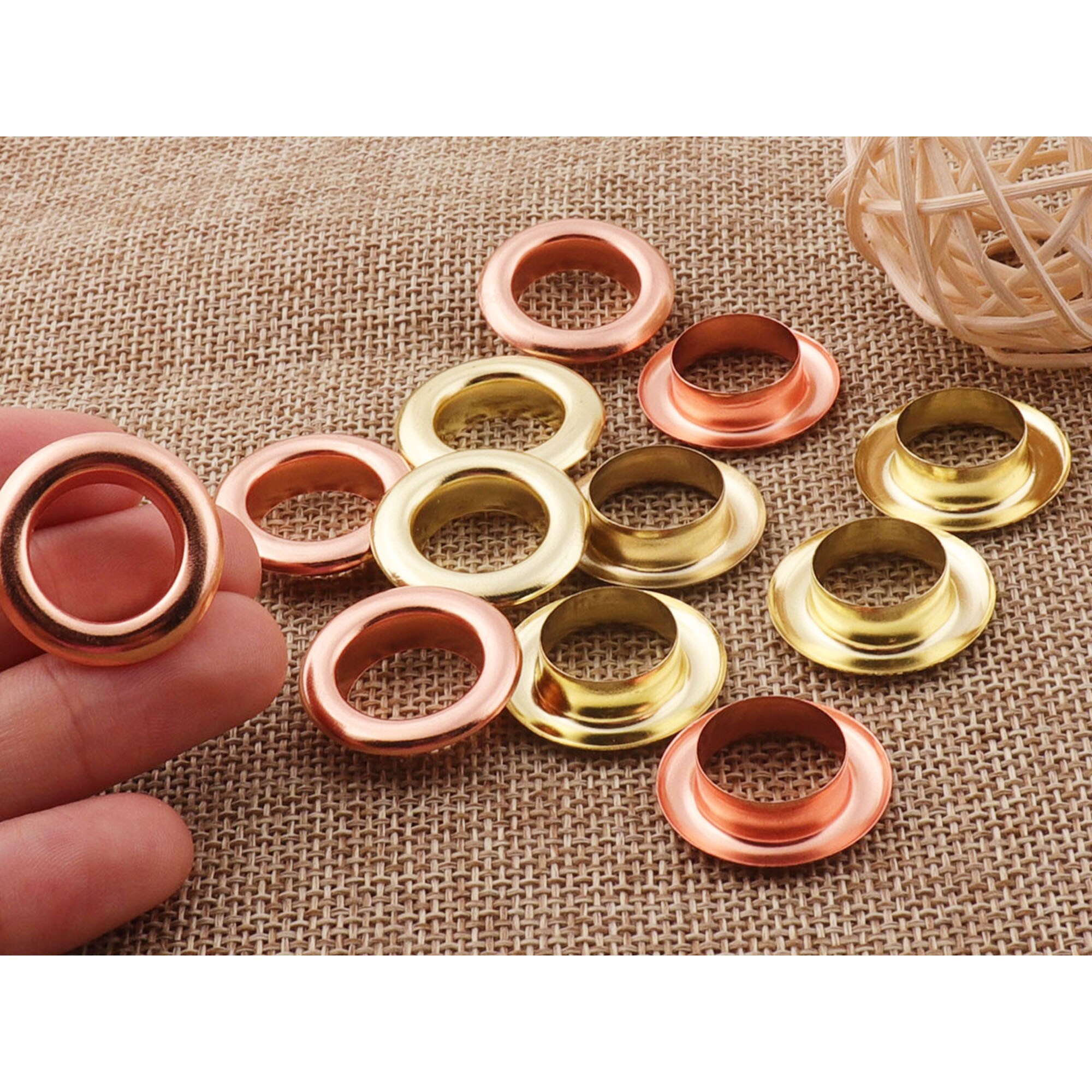 Store 100 sæt roséguld / guldmetal-øjenlåg øjenlåg med tønderdiameter med skiver til lærredstaske - 13mm