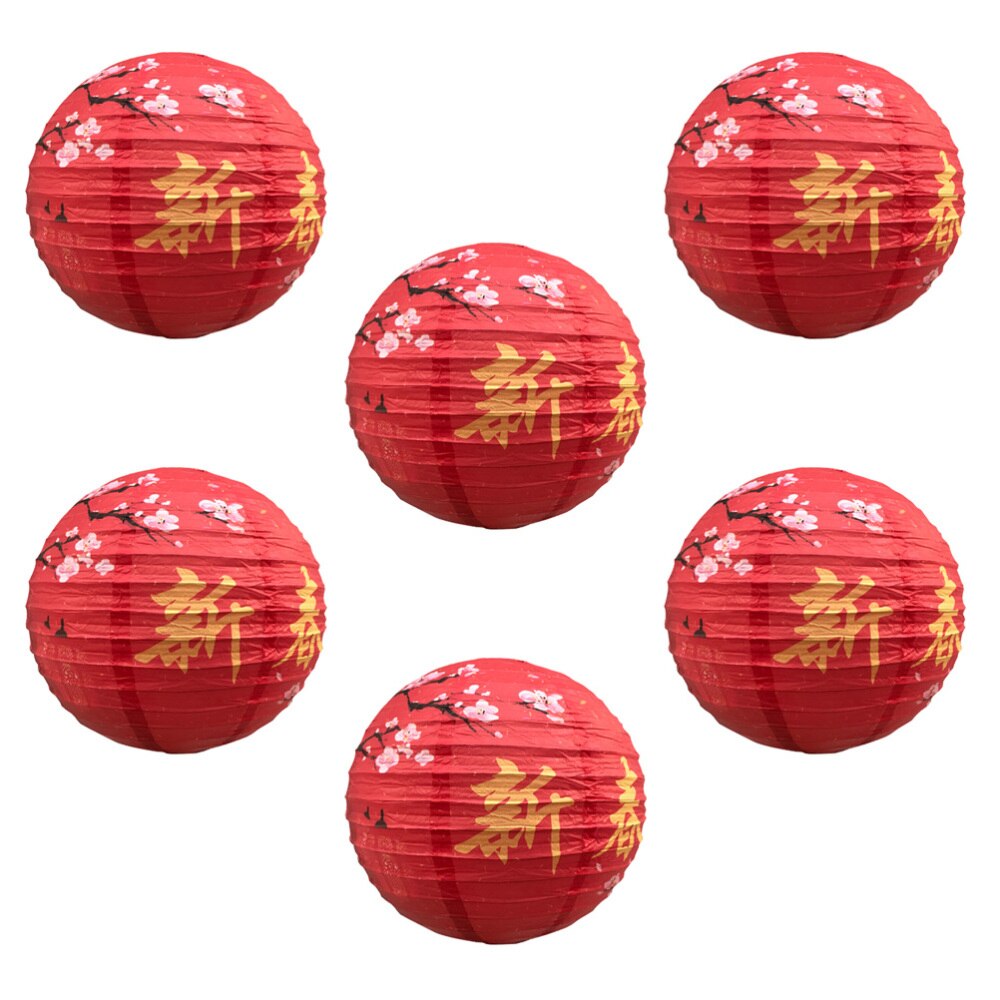 6pcs Chinese Year Paper Lanterns Red Celebration Decoration Round Hanging Lantern Party Supplies (Happy Year, 30cm)