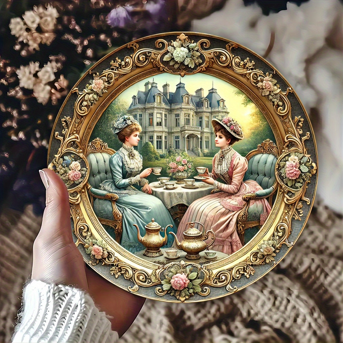 Targa blu per Tè festa da giardino vittoriano 8 targhe da parete rotonde in legno 1 pezzo pollici 2D per giardino ristorante agricolo interno ed esterno