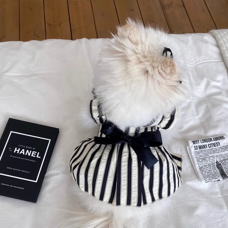 Vestido de princesa con lazo para perro, ropa de verano para perro, falda a rayas de lujo en blanco y negro, chaleco para perro, ropa para perros Chihuahua Bichon Yorkie