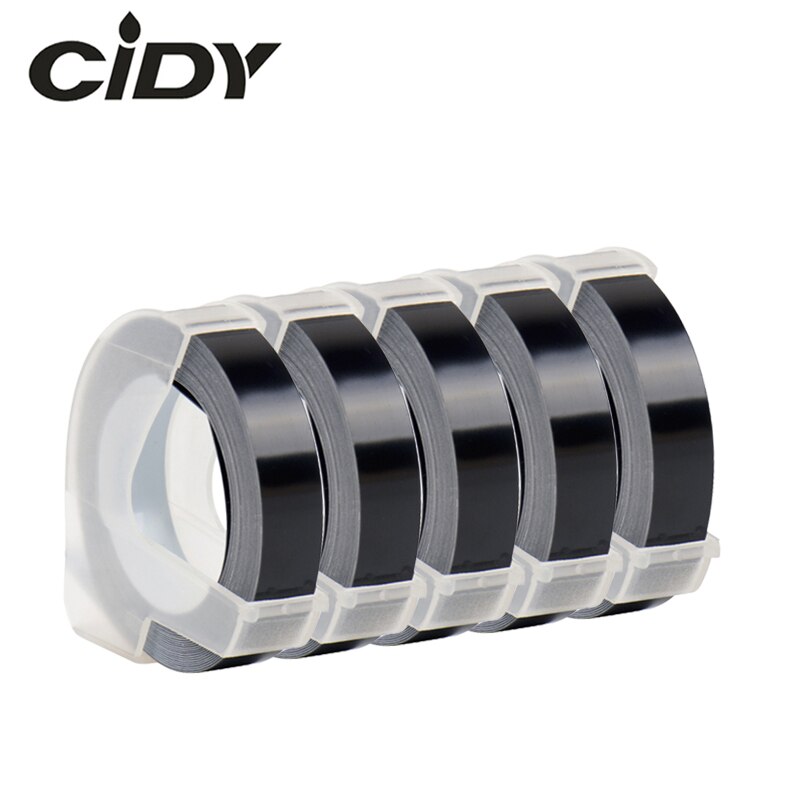 Cidy 5PKS Zwart Plastic 3D S0847720 9mm * 3m Embossing Wit print op Zwart Label Tapes voor DYMO 1610/1575/12965 motex e101
