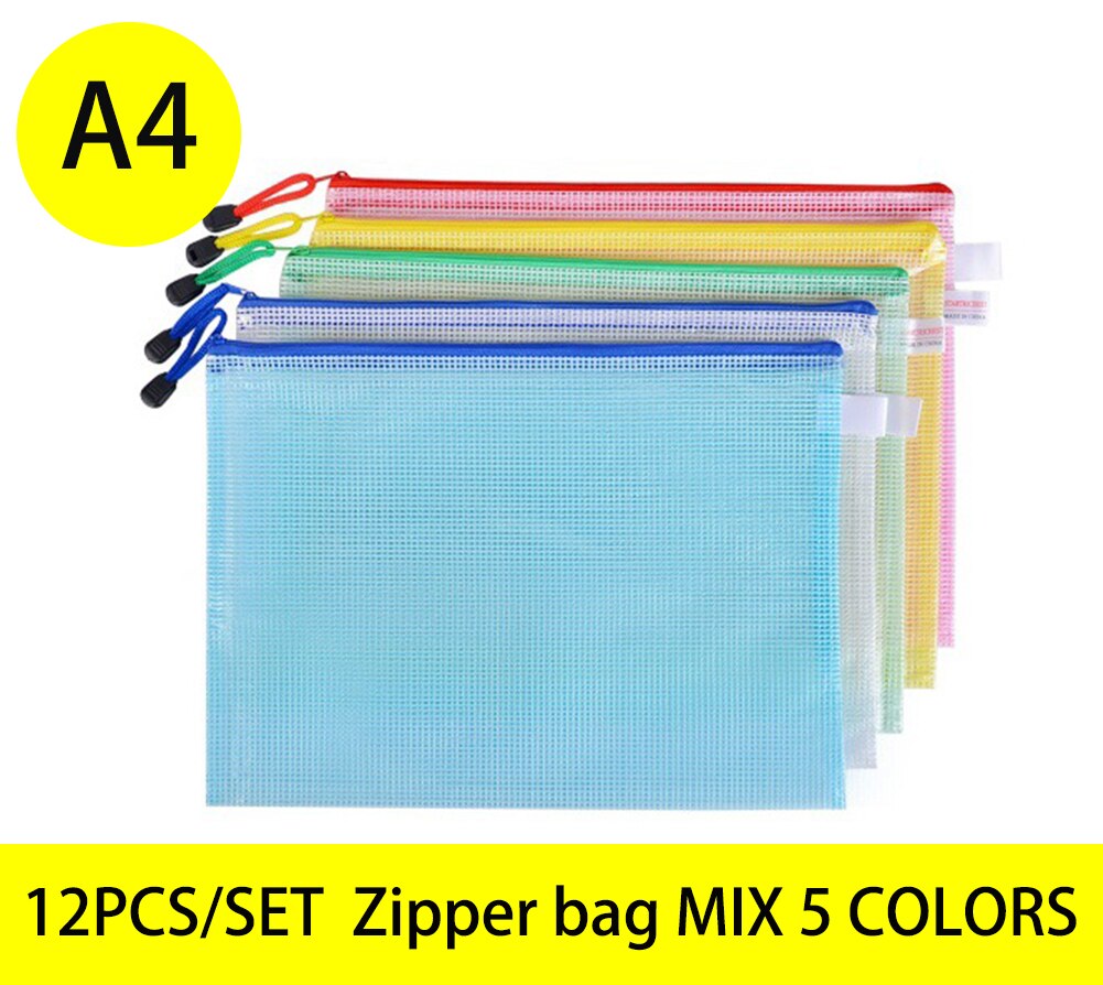 12pcs/set A4 file folder storage bag transparent plastic A5 document bag A3 office file bag school supplies paper bag folder: Zipper bag mix5color
