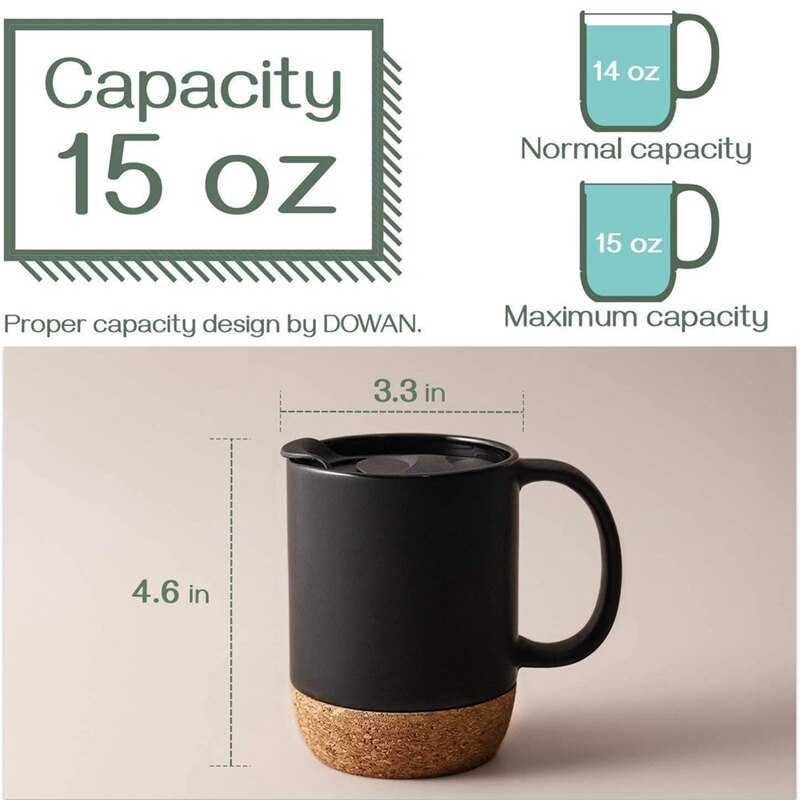 Coffee Cup, 15 Oz Ceramic Mug with Insulated Cork Bottom and Splash Cover, Large Cup with Handle, Black