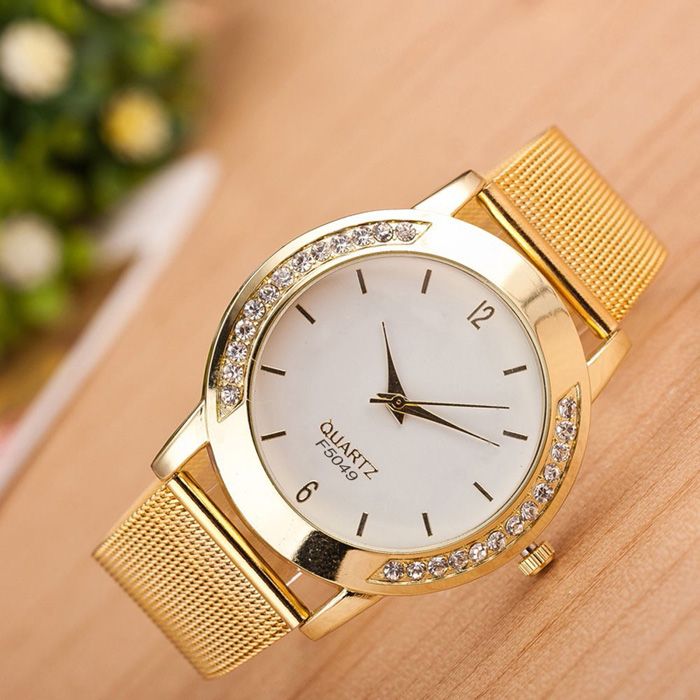 Reloj de lujo para mujer, pulsera de acero inoxidable con cristal dorado , reloj de pulsera de cuarzo analógico, reloj de vestir femenino