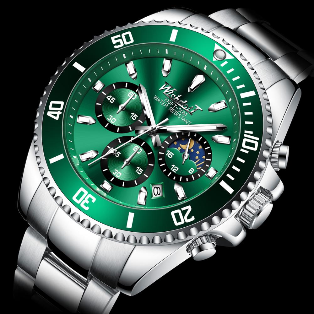 WISHDOIT-nuevos relojes para hombre, lujosos, a la , luminosos, a prueba de agua, cronógrafo, fase lunar, calendario, reloj de cuarzo de acero inoxidable: Silver Green