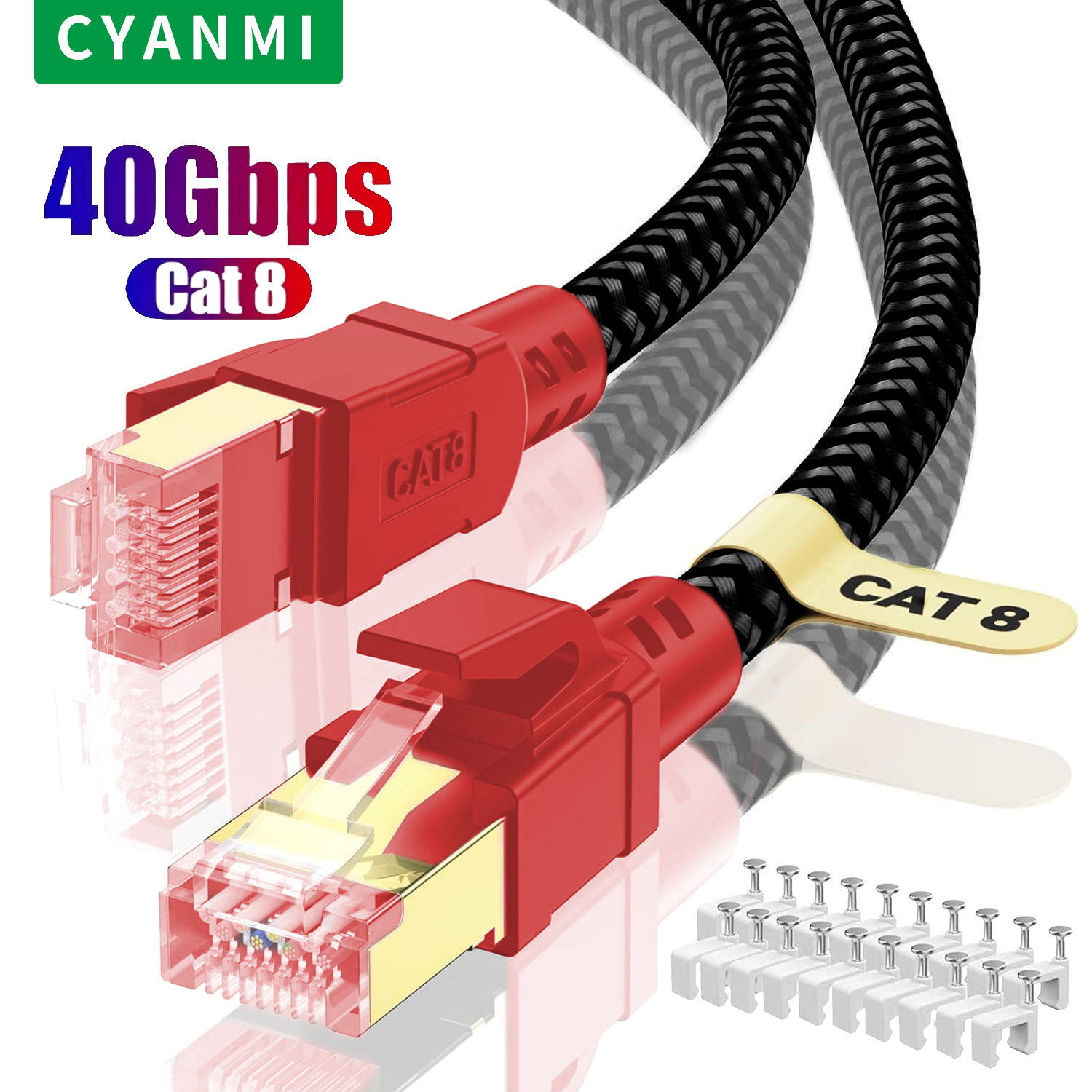 CYANMI Ethernet Cable CAT8 40Gbps Nylon Braided Network Lan Cord for PC Modem Laptop PS 5 Router RJ45 Flat Cat 8 Ethernet Cable: MULTI / 50m