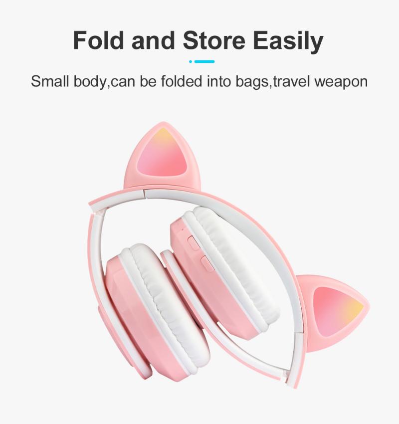 Auriculares inalámbricos con Bluetooth y micrófono para chica, cascos con orejas de gato, luz Flash, Decoración LED, estéreo, música, teléfono,