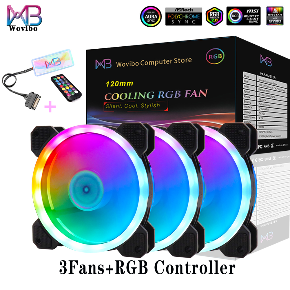 Wovibo-Ventilador RGB de 120mm, enfriador silencioso Argb, Pc, ordenador, 6 pines, 12cm, placa base, sincronización Aura: 3Fans With RGB