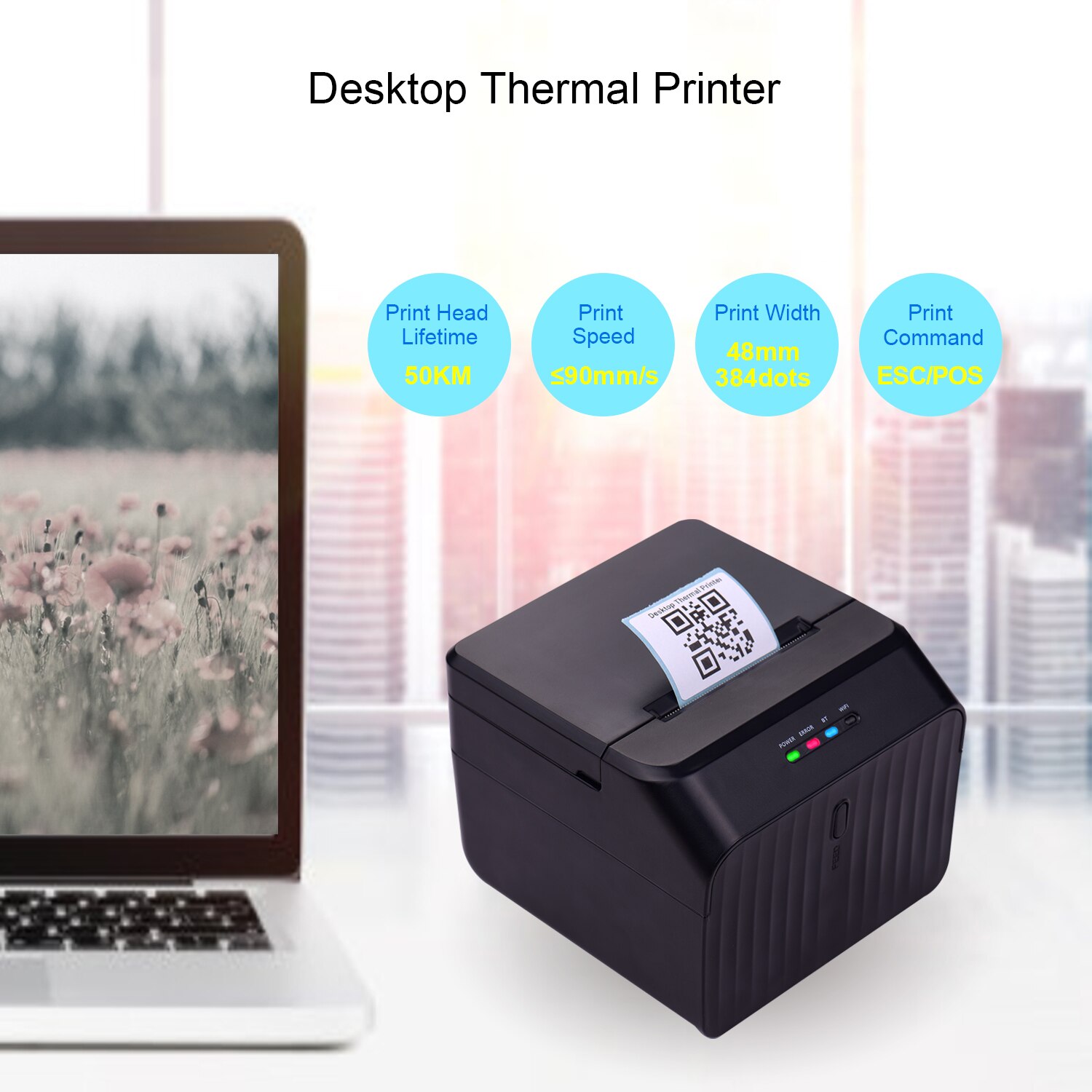 Desktop 58mm Thermal Label Printer Wired Barcode Printer USB BT Connection with 2 Rolls Paper Inside Support ESC/POS Command