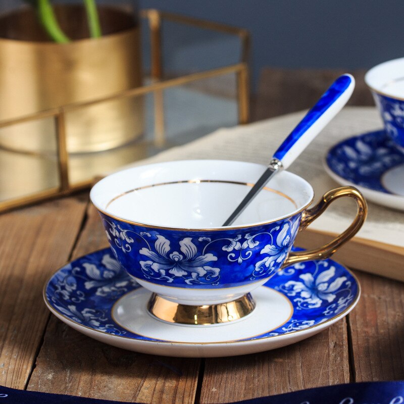 High-grade bone china coffee cup dish blue and white ceramic high afternoon tea coffee mug Chinese style tea cup