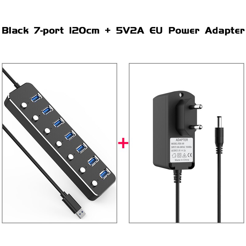 Aluminium 7-Port Usb 3.0 Hub 60/120Cm Kabel Sub-Schakelaar 5Gbps Led Indicator hub Oplaadbare Splitter Voor Multi Usb Apparaten: Black 120cm EU