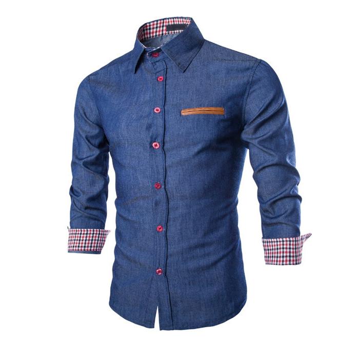 M~ 3xl imitert skinn lomme slank skjorte herre uformell sving-ned krage langermet skjorte knapp denim virksomhet skjorte: Mørke blå / Xxl