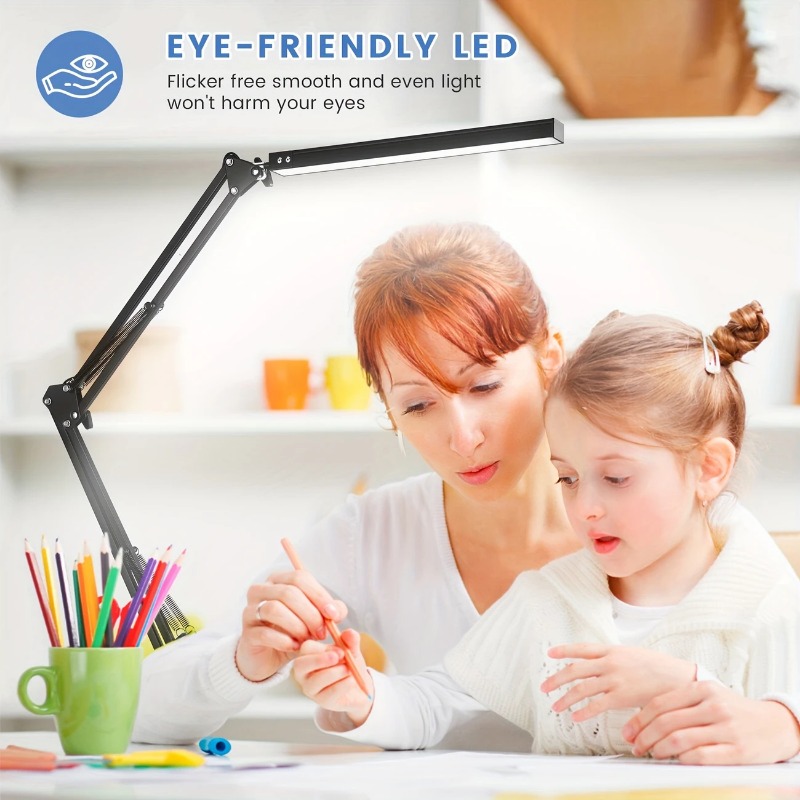 Lâmpada de mesa led com braçadeira, lâmpada de mesa de 3 cores com braço oscilante ajustável, luz de mesa moderna para cuidados com os olhos, escritório doméstico, artesanato, costura